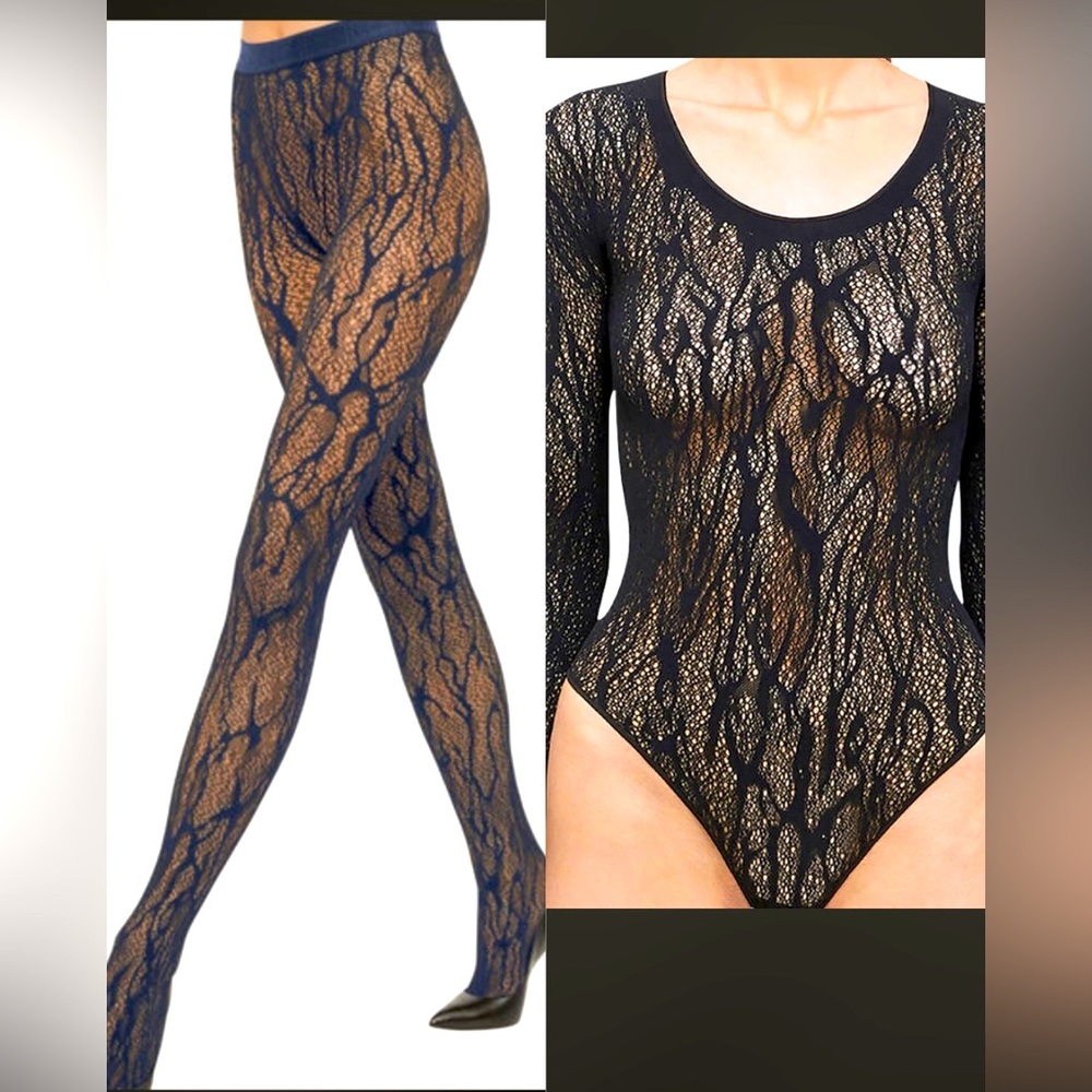 AVAILABLE Wolford Set Blk snake Pat Bdyst w tights. NO damage. Authentic, CLEAN